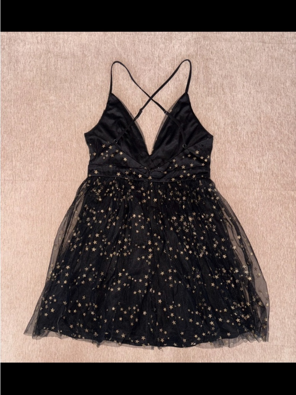 Lulu’s Black Mini Fit & Flare Dress Gold Star Mesh Overlay Size M Dark Fairy - Picture 3 of 7